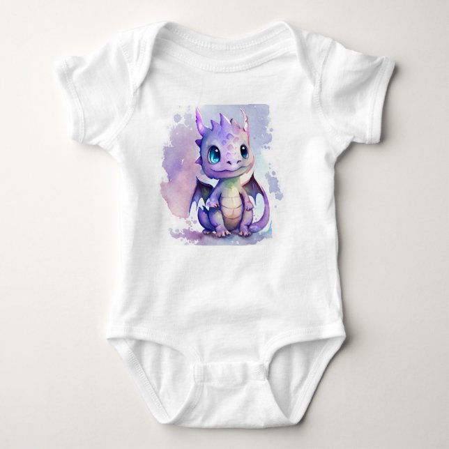 Cute Purple Baby Dragon Watercolor Baby Bodysuit (Front)
