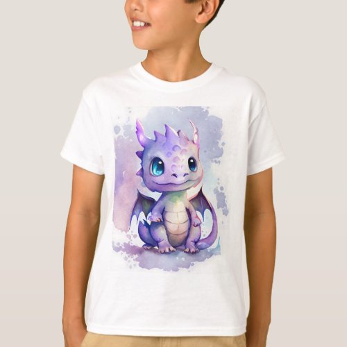 Cute Purple Baby Dragon Watercolor Design T_Shirt