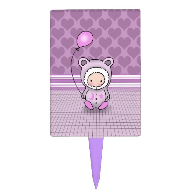 Cute Purple Baby with Balloon Birthday Cake Topper (Front)