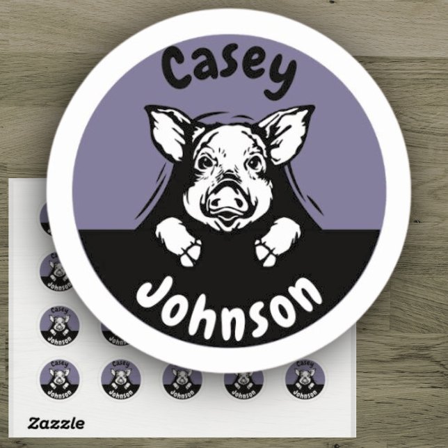 Cute Purple Back to School Peeking Pig Name   Classic Round Sticker (Creator Uploaded)