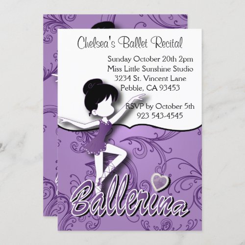 Cute Purple Ballerina Girl  Ballet Dance Recital Invitation