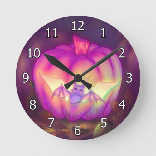 Cute Purple Bat Inside Carved Jack_o_Lantern Round Clock