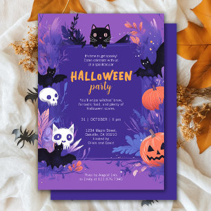 Cute Purple Bats and Cats Halloween Party Invitation