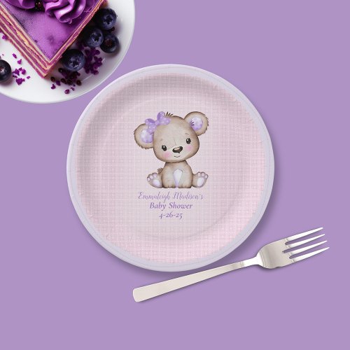 Cute Purple Bear Girl Plaid Pink Paper Plate