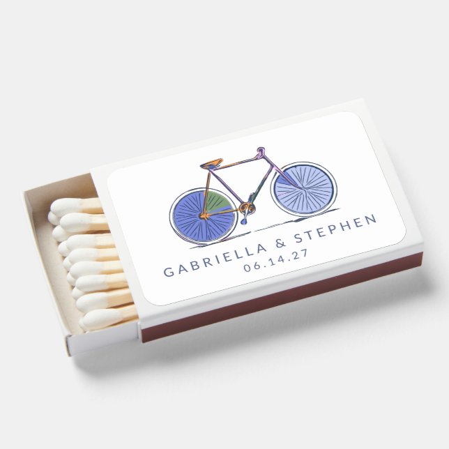 Cute Purple Bicycle Drawing Personalized Wedding Matchboxes (Front Open)