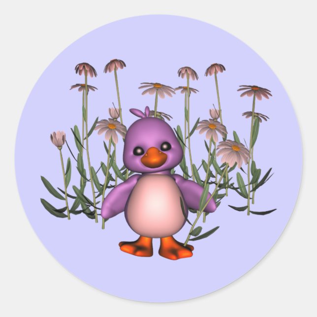 Cute Purple Bird Daisy Flowers  Classic Round Sticker (Front)