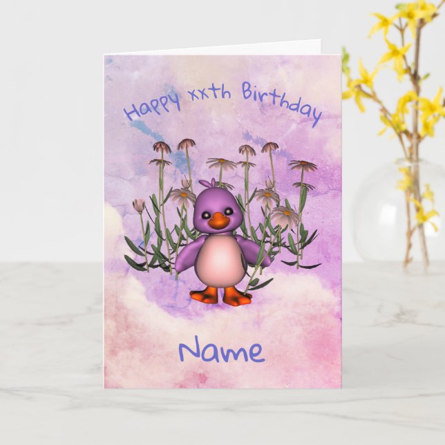 Cute Purple Bird Daisy Personalized Birthday Card (Yellow Flower)