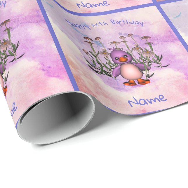 Cute Purple Bird Daisy Personalized Birthday  Wrapping Paper (Roll Corner)