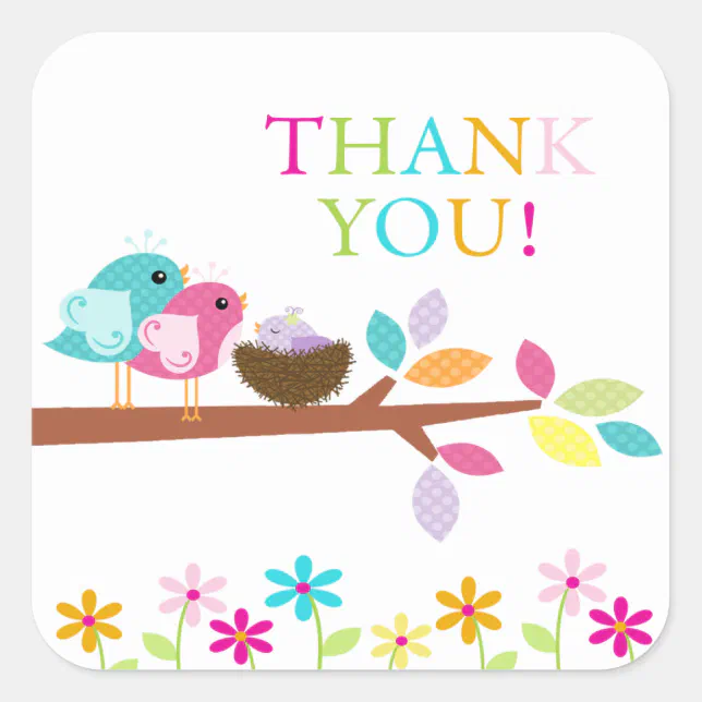 Cute Purple Bird Nest Thank You Baby Shower Square Square Sticker | Zazzle