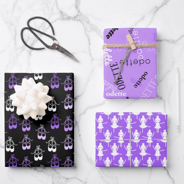 Cute Purple Black Ballerina Shoes Names Wrapping Paper Sheets (Front)
