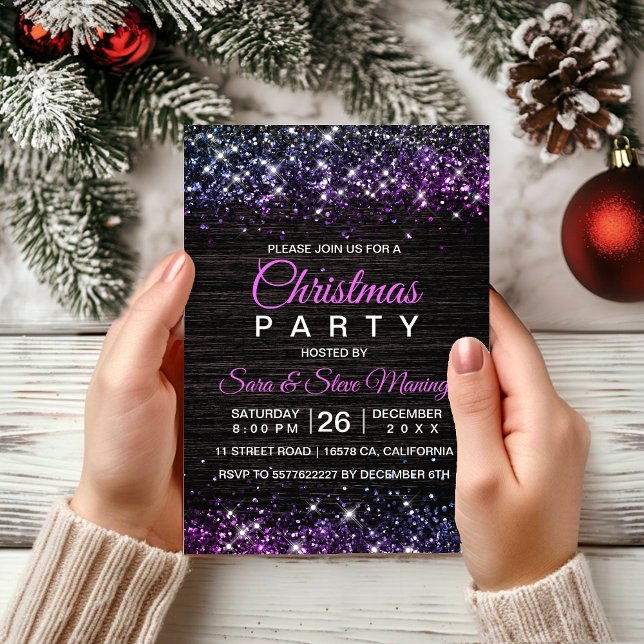 Cute purple black faux glitter Christmas  Invitation (Creator Uploaded)