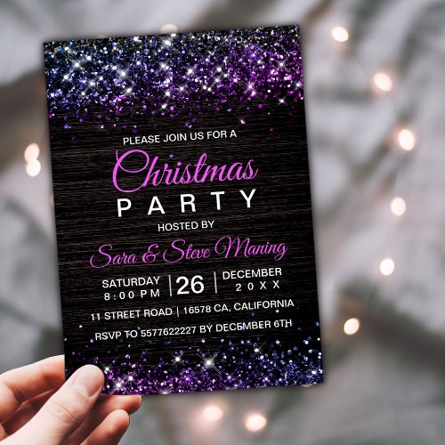 Cute purple black faux glitter Christmas  Invitation