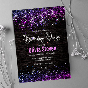 Cute purple black faux glitter monogram invitation