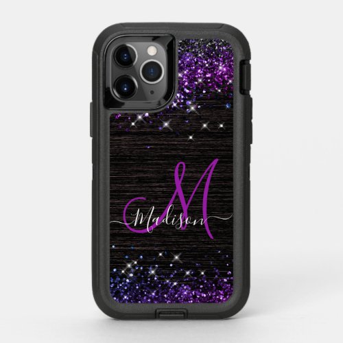 Cute purple black faux glitter monogram OtterBox defender iPhone 11 pro case