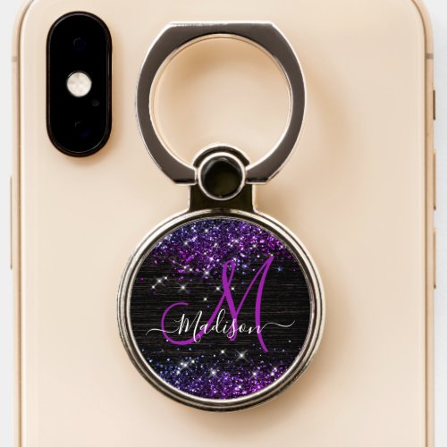 Cute purple black faux glitter monogram phone ring stand