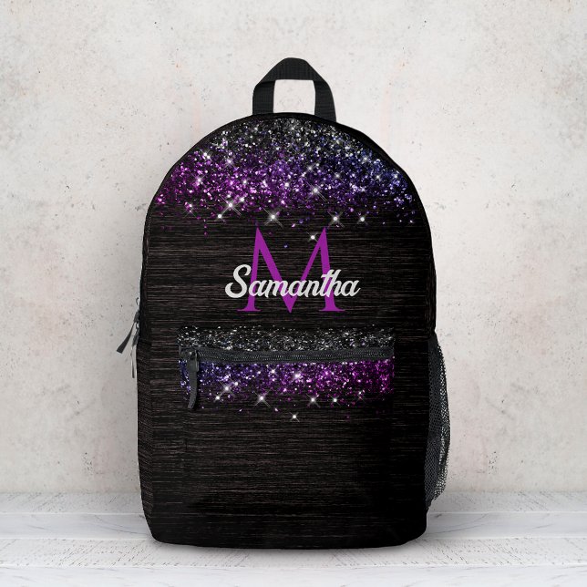 Cute purple black faux glitter monogram printed backpack (Creator Uploaded)