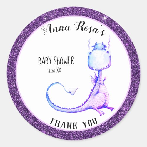 * Cute Purple Blue Dragon Baby Shower Thank You Classic Round Sticker