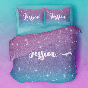 Cute Purple Blue Faux Glitter Sparkles Name Duvet Cover