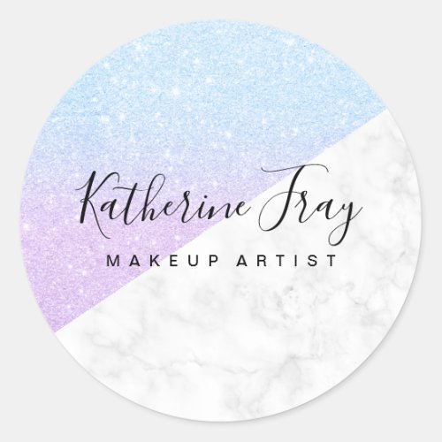 Cute purple blue glitter white marble makeup classic round sticker