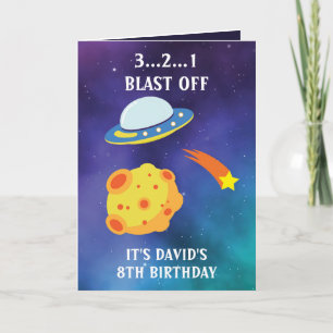 Cute Purple Blue Space Flying Saucer 8th Birthday Card