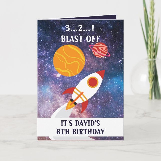 Cute Purple Blue Space Rocket Planets 8th Birthday Card (Front)