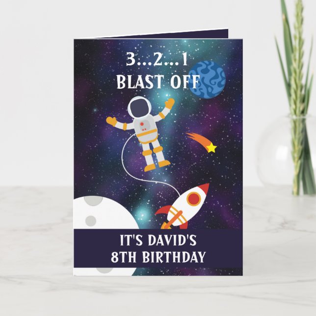 Cute Purple Blue Space Rocket Stars 8th Birthday Card (Front)