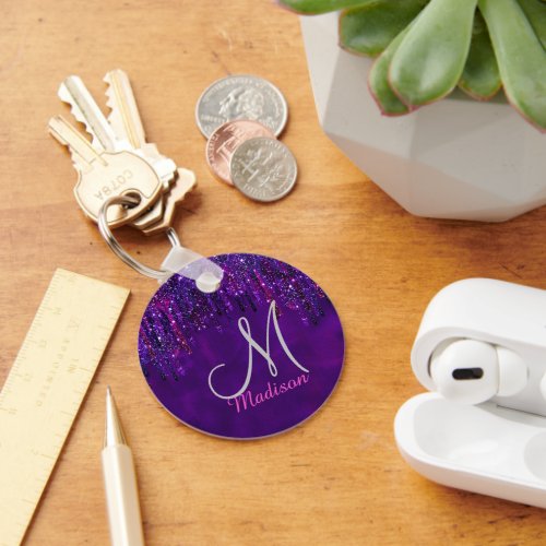 Cute purple blue Unicorn Glitter Drips monogram Keychain