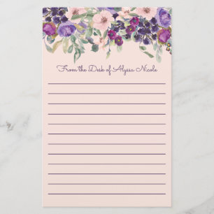 Cute Purple Blush Pink Floral White Lined Stationery