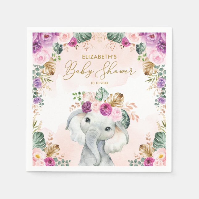 Cute Purple Blush Tropical Elephant Baby Shower Napkins (Front)
