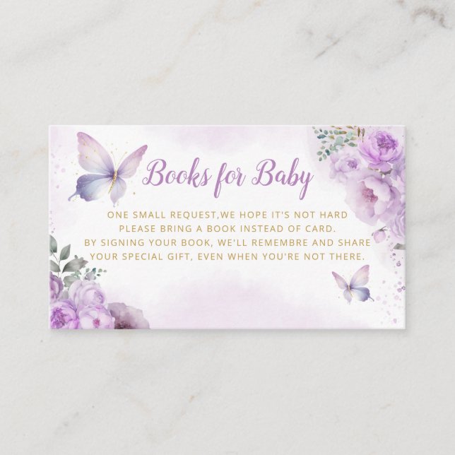 Cute Purple Books for Baby Butterfly Baby Shower Enclosure Card (Front)