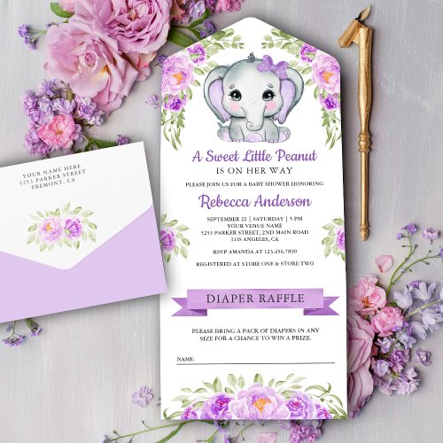 Cute Purple Bow Floral Elephant Baby Shower All In One Invitation