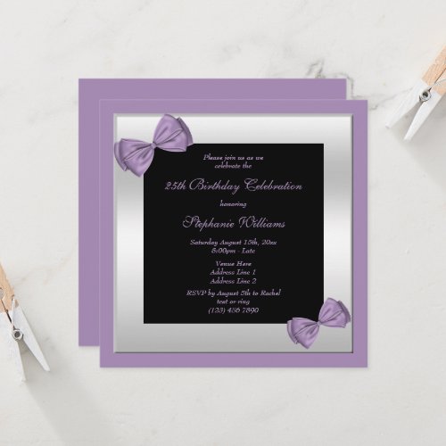 Cute Purple Bows  Silver Framed Birthday  Invitation