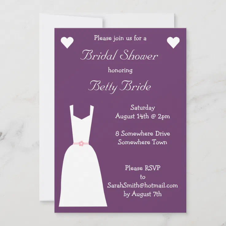 Cute Purple Bridal Shower Wedding Dress Invitation | Zazzle