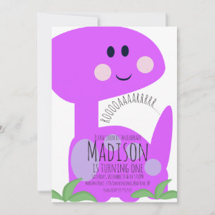 Cute Purple Bright Dinosaur Birthday Invitation