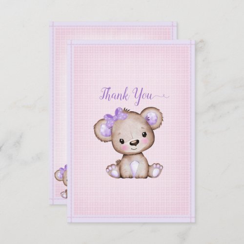 Cute Purple Brown Bear Baby Shower Thank You