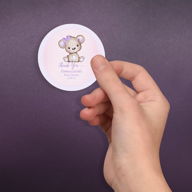 Cute Purple Brown Bear Favor Thank You Classic Round Sticker (Creator Uploaded)