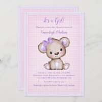 Cute Purple Brown Girl Bear Baby Shower Invitation