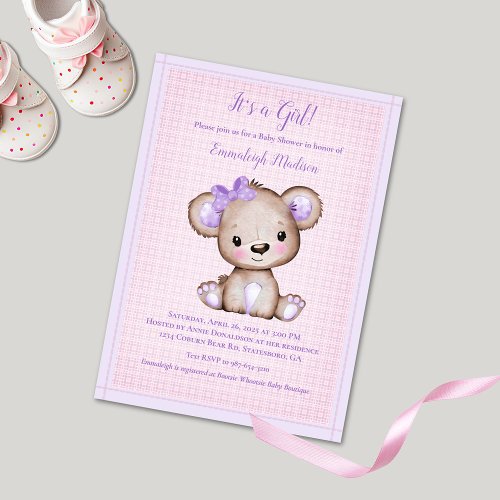 Cute Purple Brown Girl Bear Baby Shower Invitation