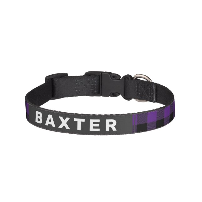 Cute Purple Buffalo Plaid Personalized Dog Pet Collar (Front)