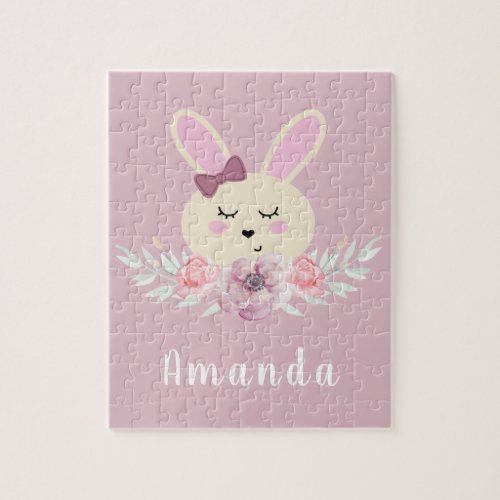 Cute Purple Bunny Rabbit Kids Custom Name Jigsaw Puzzle