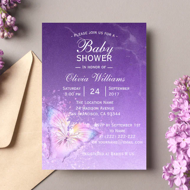 Cute Purple Butterfly Baby Shower Templates Zazzle