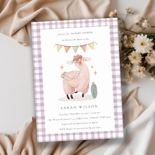 Cute Purple Cactus Boho Llama Baby Shower Invite (Creator Uploaded)