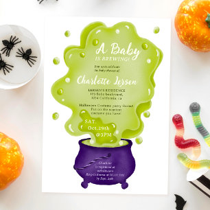 Cute purple caldron green halloween baby shower invitation