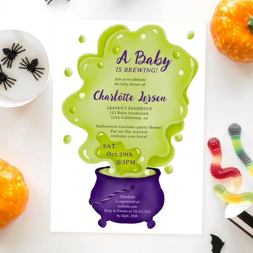 Cute purple caldron green halloween baby shower invitation