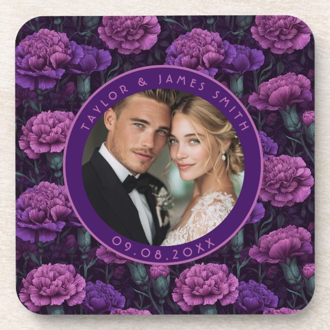 Cute Purple Carnation Minimalist Wedding Beverage Coaster (Front)