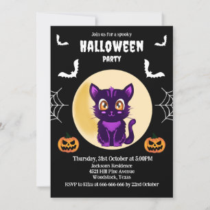 Cute Purple Cartoon cat kids halloween party Invitation