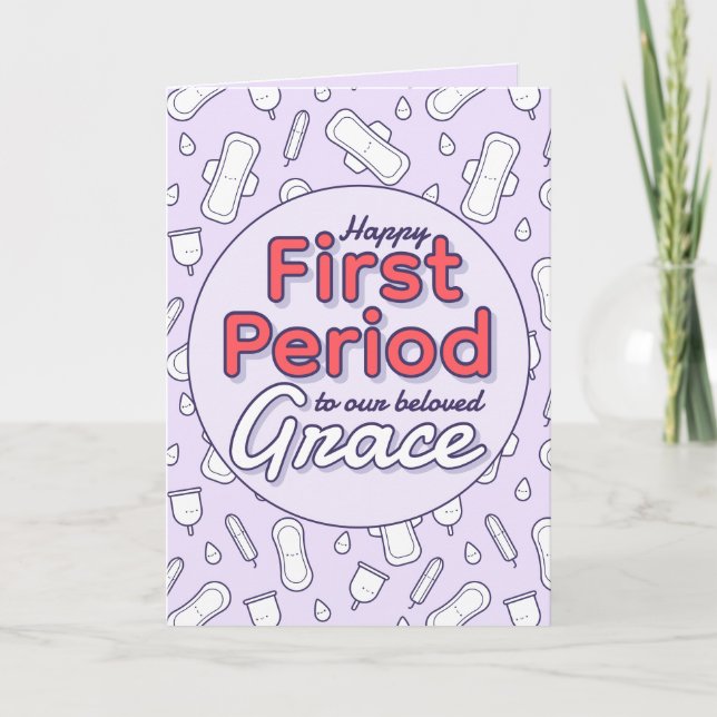 Cute Purple Cartoon Pad Tampon First Period Card (Front)