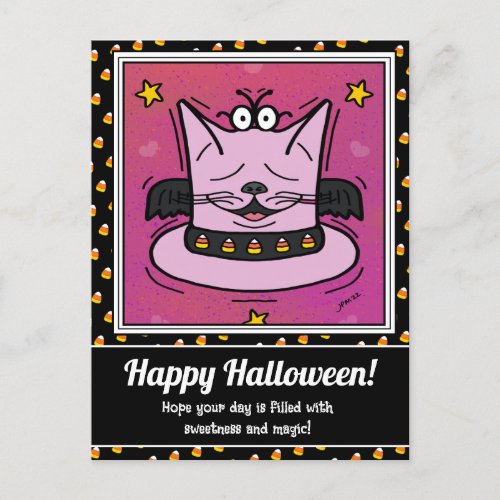 Cute Purple Cat Bat Hat Magical Halloween Holiday Postcard