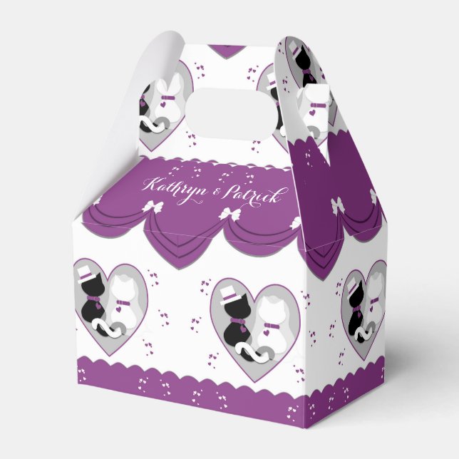 Cute Purple Cat Bride & Groom Wedding Favor Box (Front Side)