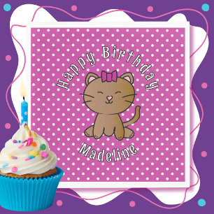 Cute Purple Cat Cartoon Sweet Kid's Birthday Party Napkins